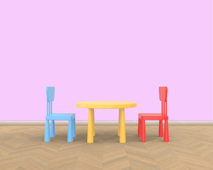  The minimalist nursery interior of a children's colored table and chairs on a pink background. 3D render..