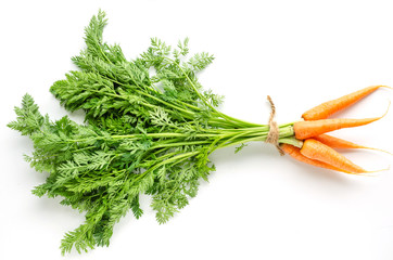 Fresh carrots with green foliage on white background.