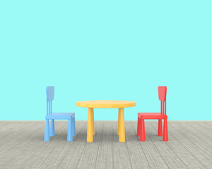 The minimalist nursery interior of a children's colored table and chairs on a blue background. 3D render..