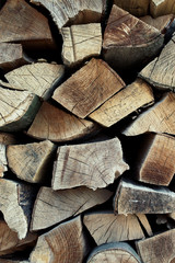Background of the wall from stacked wood logs . Chopped wood logs