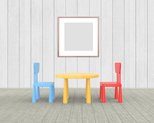 Square Frame mockup of rose gold in the nursery. The minimalist interior of a children's colored table and chairs on a white wooden background. 3D render..