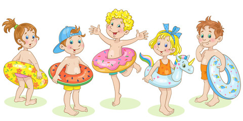 A group of five funny children in different poses with swimming circles. In cartoon style. Isolated on white background. Vector illustration.
