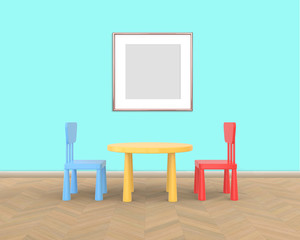 Square Frame mockup of rose gold in the nursery. The minimalist interior of a children's colored table and chairs on a blue background. 3D render..