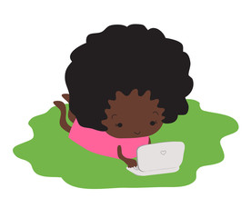 Dark-skinned girl lying on the grass and typing on a laptop. Vector illustration.