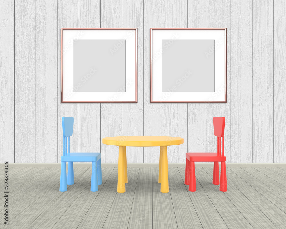 Wall mural Two Square Frame mockup of rose gold in the nursery. The minimalist interior of a children's colored table and chairs on a white wooden background. 3D render..