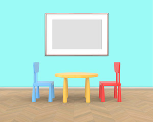 Horizontal Frame mockup of rose gold in the nursery. The minimalist interior of a children's colored table and chairs on a blue background. 3D render..