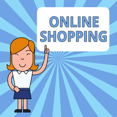 Writing note showing Online Shopping. Business concept for allows consumers to buy their goods over the Internet Woman Standing with Raised Left Index Finger Pointing at Blank Text Box