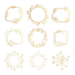 Collection of Golden Vector Elements. Round Wreath, Geometric Frames and Fireworks. Abstract decoration for party, birthday celebrate, anniversary or event, festive.