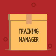 Word writing text Training Manager. Business photo showcasing giving needed skills for high positions improvement Close up front view open brown cardboard sealed box lid. Blank background