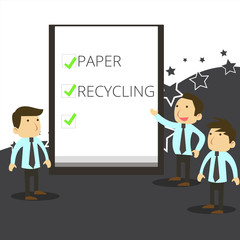 Handwriting text writing Paper Recycling. Conceptual photo Using the waste papers in a new way by recycling them Business People Colleagues Discuss Missions Presentation Whiteboard Ticks