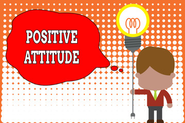 Handwriting text writing Positive Attitude. Conceptual photo Being optimistic in Life Looking for good things Standing man tie holding plug socket light bulb to connect idea. Startup