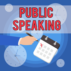 Text sign showing Public Speaking. Business photo showcasing talking showing stage in subject Conference Presentation Male Hand Formal Suit Crosses Off One Day Calendar Red Ink Ballpoint Pen