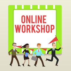 Handwriting text writing Online Workshop. Conceptual photo shows of goods and commodities over the electronic websites People Crowd Flags Pennants Headed by Leader Running Demonstration Meeting