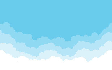 Blue sky with white clouds background. Cartoon flat style design. Vector illustration