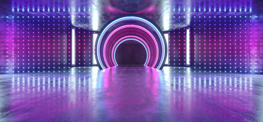 Future Sci Fi Circle Concrete Grunge Neon Lights Glowing Purple Blue Laser Fluorescent Dark Empty Underground Tunnel Corridor Vibrant Garage Gallery Arc Entrance Gate 3D Rendering