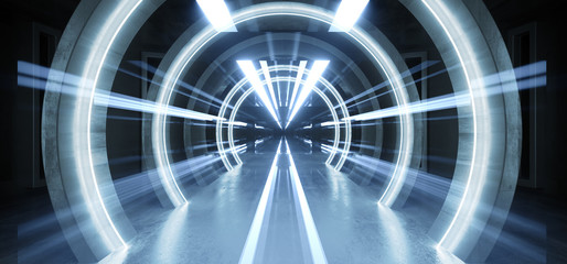 Futuristic Neon Lights Sci Fi Glowing Blue Virtual Vibrant Underground Garage Tunnel Corridor Grunge Concrete Reflection Dark Empty Circle Shapes 3D Rendering