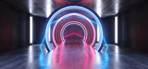 Fototapeta premium Future Sci Fi Circle Concrete Grunge Neon Lights Glowing Purple Blue Laser Fluorescent Dark Empty Underground Tunnel Corridor Vibrant Garage Gallery Arc Entrance Gate 3D Rendering