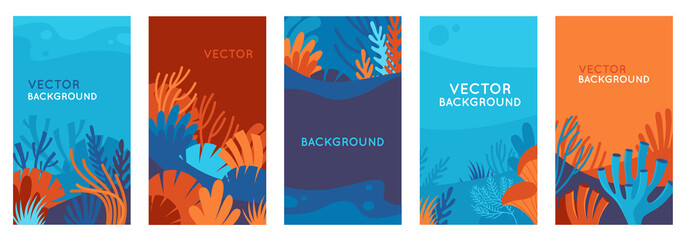 Vector set of social media stories design templates, backgrounds with copy space for text - background with underwater scene and nature