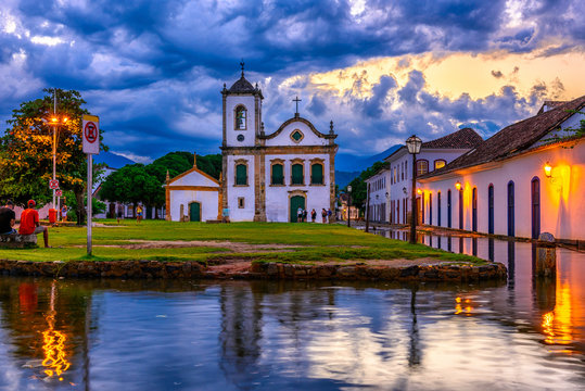 Historical center of Paraty at night, Rio de Janeiro, Brazil. Paraty is a preserved Portuguese colonial and Brazilian Imperial municipality