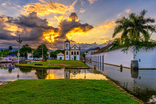 Historical center of Paraty at sunset, Rio de Janeiro, Brazil. Paraty is a preserved Portuguese colonial and Brazilian Imperial municipality