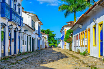 Fototapeta na wymiar Street of historical center in Paraty, Rio de Janeiro, Brazil. Paraty is a preserved Portuguese colonial and Brazilian Imperial municipality