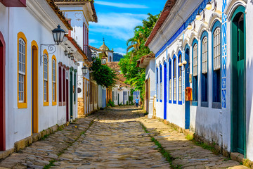 Street of historical center in Paraty, Rio de Janeiro, Brazil. Paraty is a preserved Portuguese...