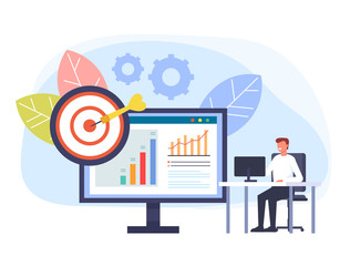 Man office businessman character working at computer. Digital marketing concept. Vector flat graphic design cartoon illustration