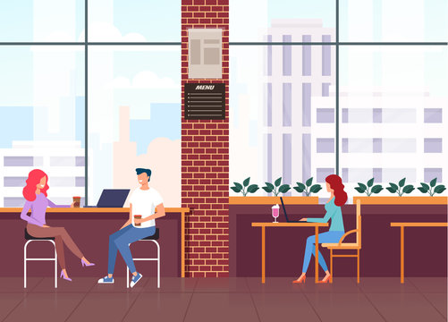 People sitting in cafe, working, drinking coffee. Public place freelance concept. Vector flat graphic design cartoon illustration