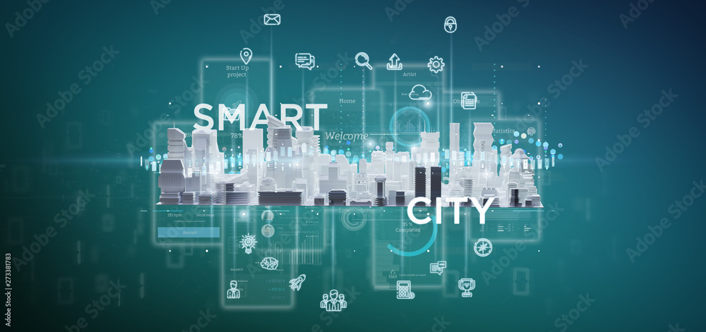 Poster smart city user interface with icon, stats and data 3d rendering