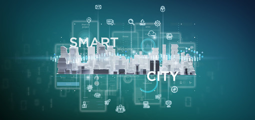 Smart city user interface with icon, stats and data 3d rendering