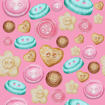 Watercolor Seamless pattern Hobby Knitting, Crocheting and Sewing. Collection of hand drawn buttons on pink background.