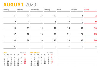 Calendar template for August 2020. Business planner. Stationery design. Week starts on Monday. Vector illustration