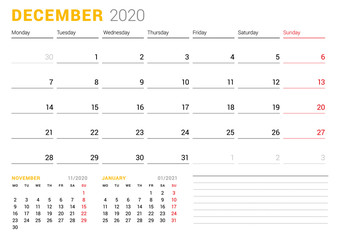 Calendar template for December 2020. Business planner. Stationery design. Week starts on Monday. Vector illustration