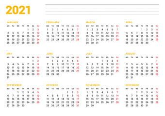Calendar template for 2021 year. Stationery design. Week starts on Monday. 12 Months on the page. Vector illustration