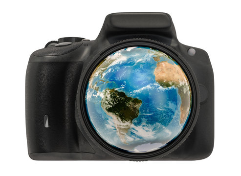 Travel and photography concept. Digital camera photo lens with earth globe inside, 3D rendering