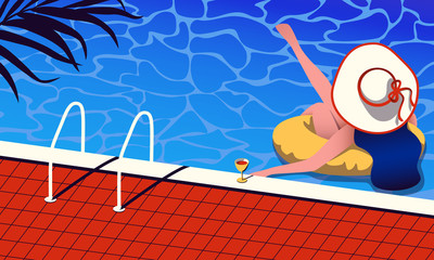 Summer pool party illustration.Woman in a big hat swimming in the pool