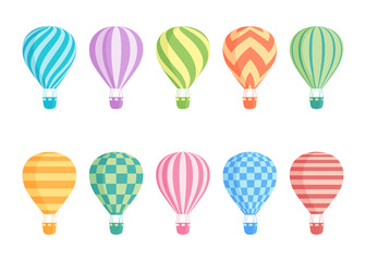 Hot air balloon isolated colorful vector set. Collection of colourful balloons with patterns zig zags, wavy lines, striped or checkered with basket and hot air in retro style for flight concept design
