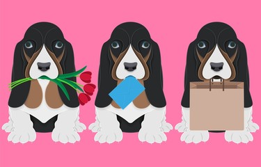 Dog with flowers (tulips), envelope and paper bag. Paper art.