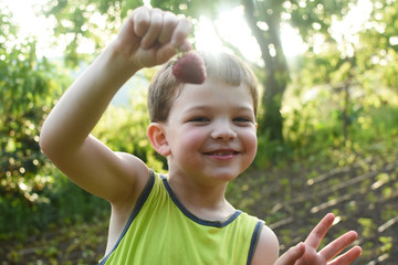 Child eat ripe organic strawberry in garden. Happy boy holding fresh picked strawberry