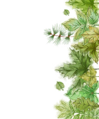 Fototapeta na wymiar Green Leaf Border on Right of Blank Surface. Botanical Illustration Decorated with Green Summer Foliage.