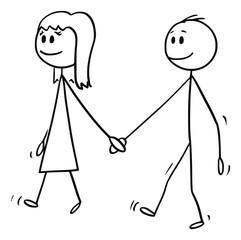 Vector cartoon stick figure drawing conceptual illustration of girl and boy holding hands and walking together.
