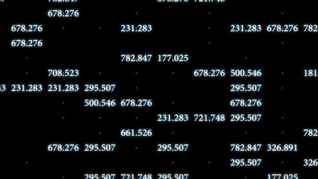 Animated abstract background with moving random three-digit numbers with decimal fractions on a black background