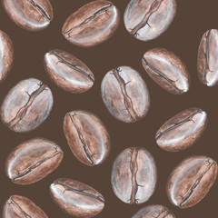 Coffee beans on brown background: seamless pattern, hand-drawn with acrylics.