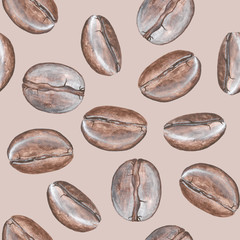 Coffee beans onpale-pink background: seamless pattern, hand-drawn with acrylics.