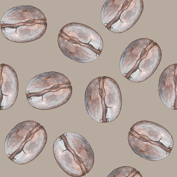 Coffee beans on grey background: seamless pattern, hand-drawn with acrylics.
