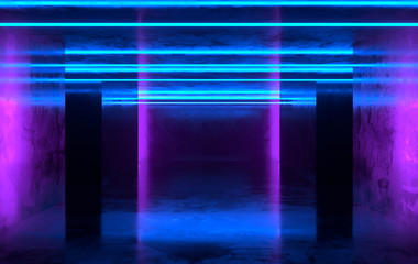 Futuristic sci-fi concrete room with glowing neon. Virtual reality portal, vibrant colors, laser energy source. Purple, blue neon lights