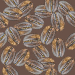 Coffee beans on brown background, seamless pattern, hand-drawn with acrylics
