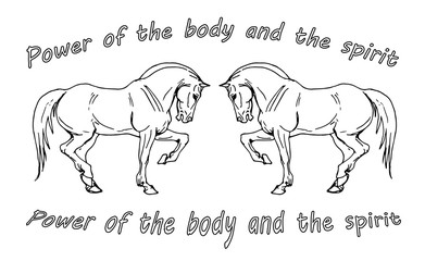 black-white image of prancing drawn heavy horses on a white background and the inscription