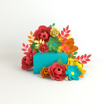 Paper flowers and leaves frame, podium platform for product presentation. Summer or spring colorful background. Paper cut 3d render mock up