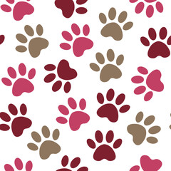 Paw print seamless. Vector illustration animal paw track pattern. backdrop with silhouettes of cat or dog footprint.